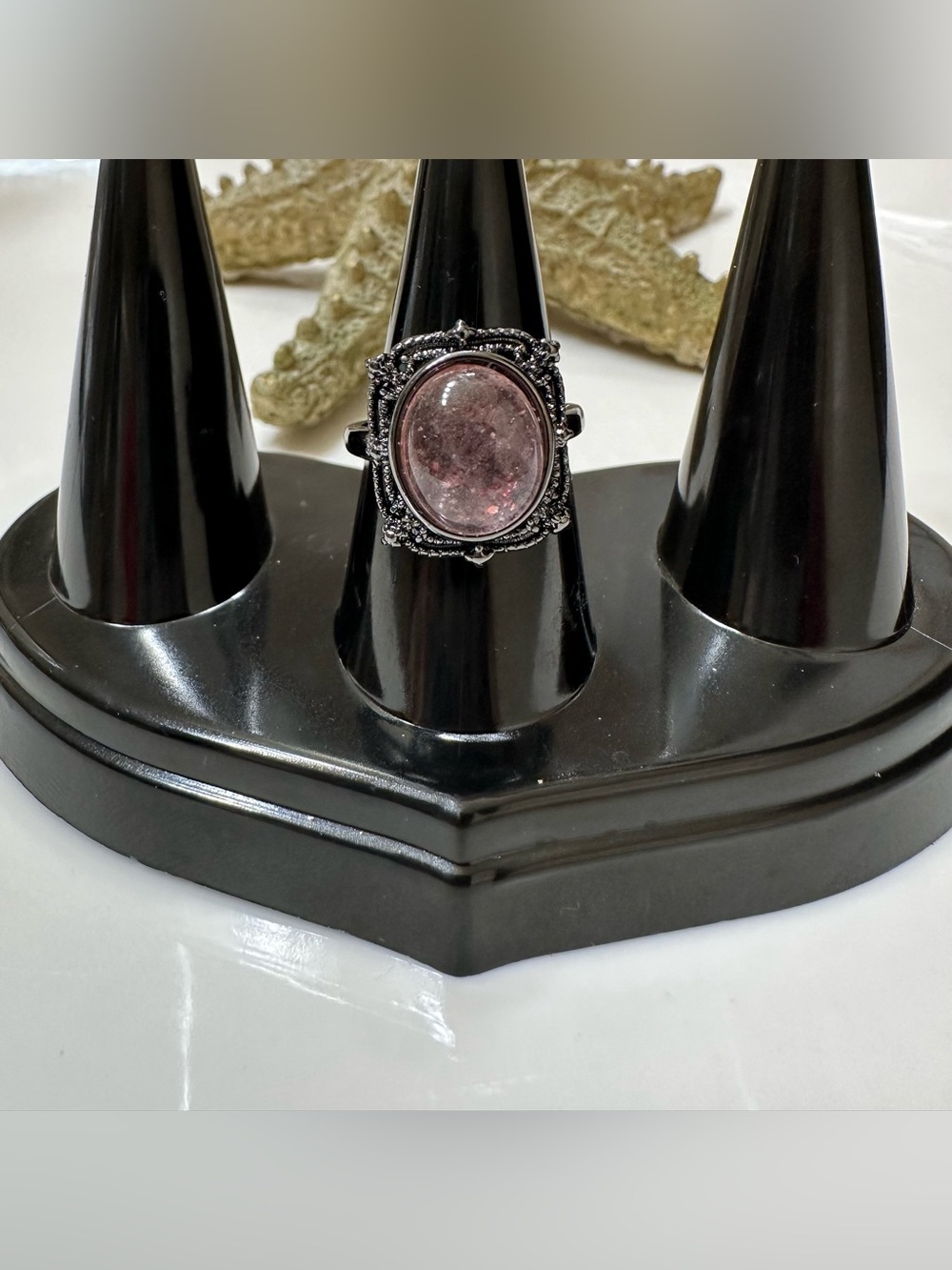 Strawberry Quartz Oval Stone Ring -  vintage style- black tone
